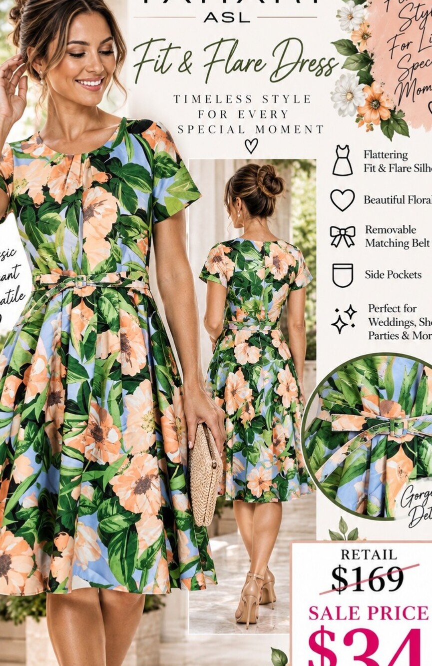 WOW couture Peach & Green Floral Fit & Flare Dress with Belt